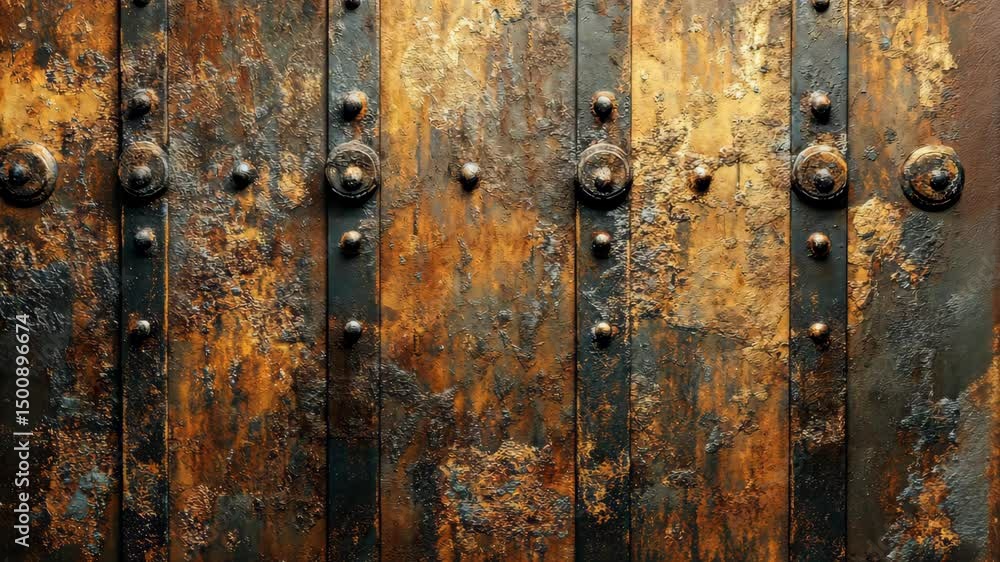 Weathered wooden door with rusty metal accents and rivets Weathered wooden door with rusty metal accents and rivets