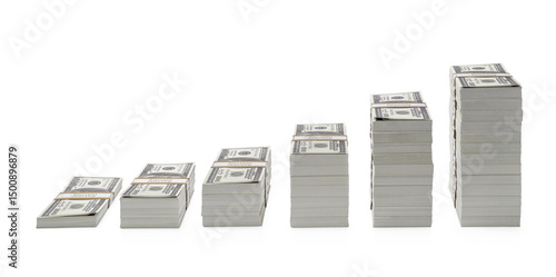 Increasing piles of dollar bills isolated on transparent background