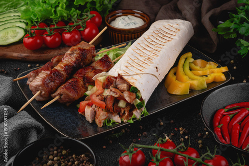Close-up of grilled pork skewers served with a stuffed shawarma wrap, fresh vegetables like cucumber and tomato, and yellow bell pepper slices. Perfect for restaurant menus and ads