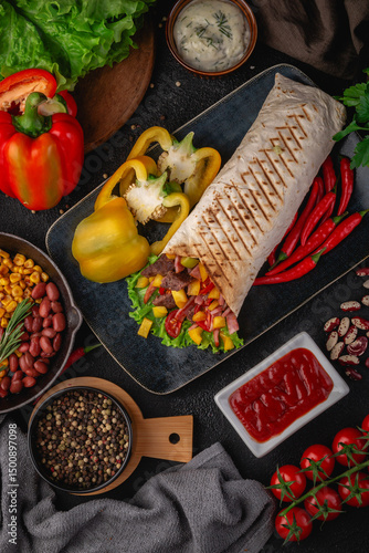 Delicious tortilla wrap filled with grilled beef, sweet corn, bell peppers, lettuce, and cherry tomatoes, surrounded by fresh vegetables and condiments on a rustic black background