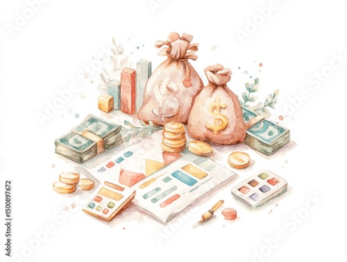 Creative Illustration of Money, Savings and Investments in Watercolor