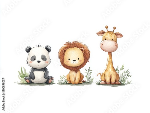 Cute Cartoon Animals Featuring Panda, Lion, and Giraffe Characters