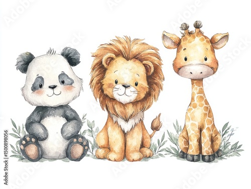 Cute watercolor animals including panda, lion, and giraffe design