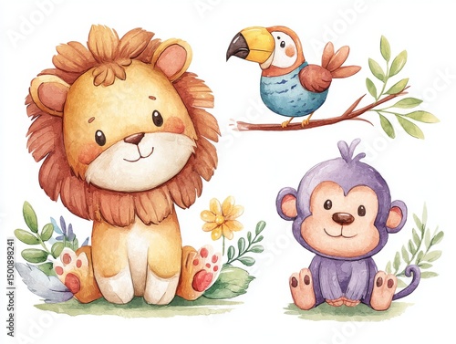 Cute Cartoon Animals with Lion, Monkey, and Parrot in Watercolor Style
