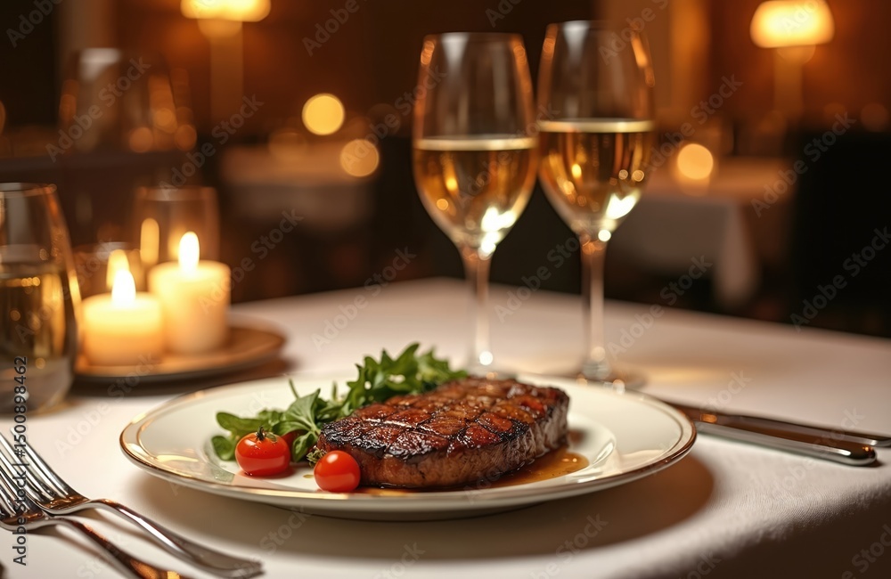 Restaurant dinner with steak, wine glasses, candles. Elegant setting, food photography, culinary art. Grilled meat, fresh salad, tomatoes. Romantic date, celebration, gourmet meal, dining experience. Restaurant dinner with steak, wine glasses, candles. Elegant setting, food photography, culinary art. Grilled meat, fresh salad, tomatoes. Romantic date, celebration, gourmet meal, dining experience.