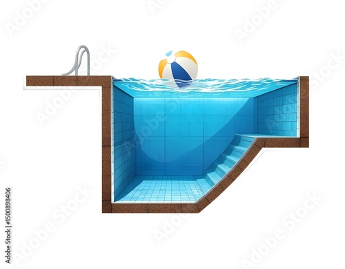 Detailed Cross-Section View of an Inground Swimming Pool with Steps and a Beach Ball