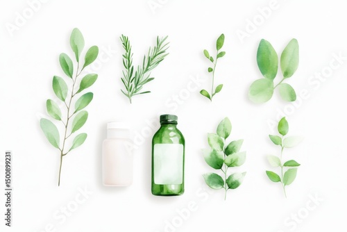Herbal Illustration with Green Leaves and Organic Products on White
