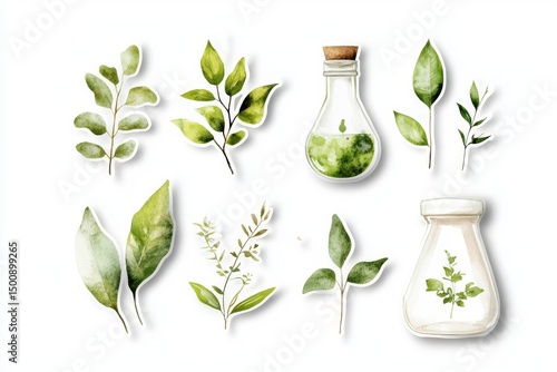 Watercolor Botanical Elements with Leaves and Plants for Design