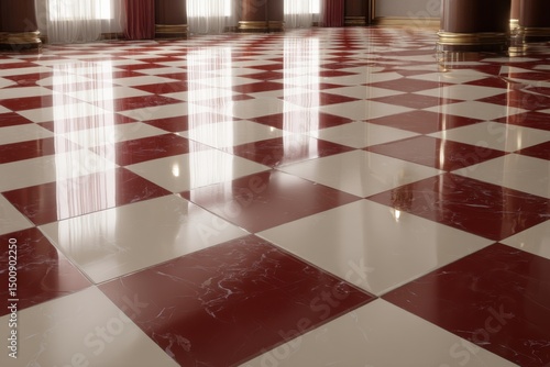 Elegant hall with shiny red/white diamond marble floor reflects windows