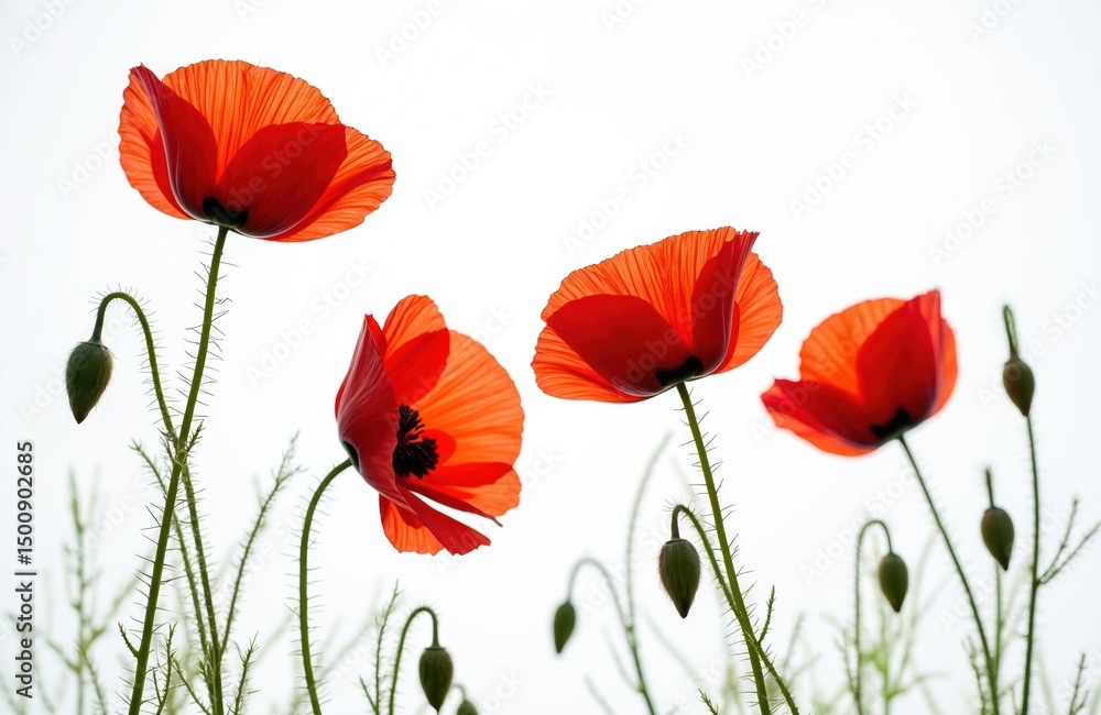 Naklejka premium Close-up view of bright red poppies with buds against clear white sky background. Vivid petals, delicate details of poppy flowers represent natural beauty. Springtime blooms, floral design, artistic
