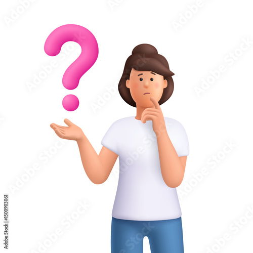Confused woman Jane thinking in a thoughtful pose with question mark. Choice, problem solving concept. 3d vector people character. Cartoon minimal style.