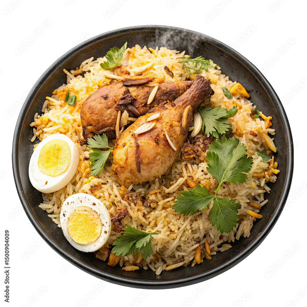 Fototapeta premium A vibrant plate of chicken biryani features tender chicken pieces on top of flavorful rice garnished with herbs nuts and boiled eggs for a delightful meal