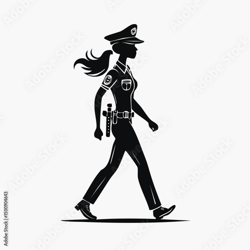 Female Police Patrolling Silhouette — Flat 2D Minimalist Vector