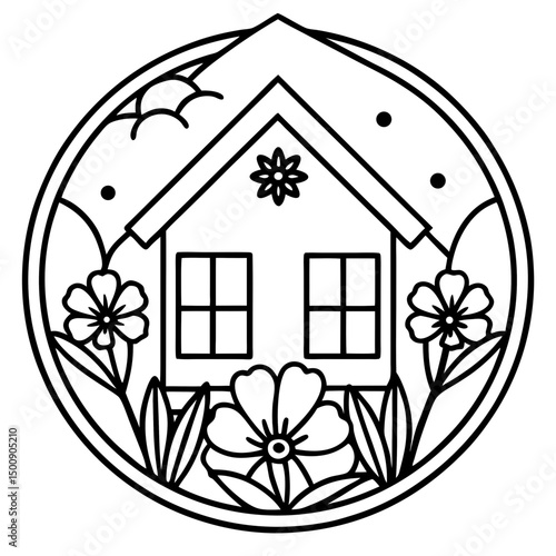 Cottagecore Flower Frame – Black Silhouette on White