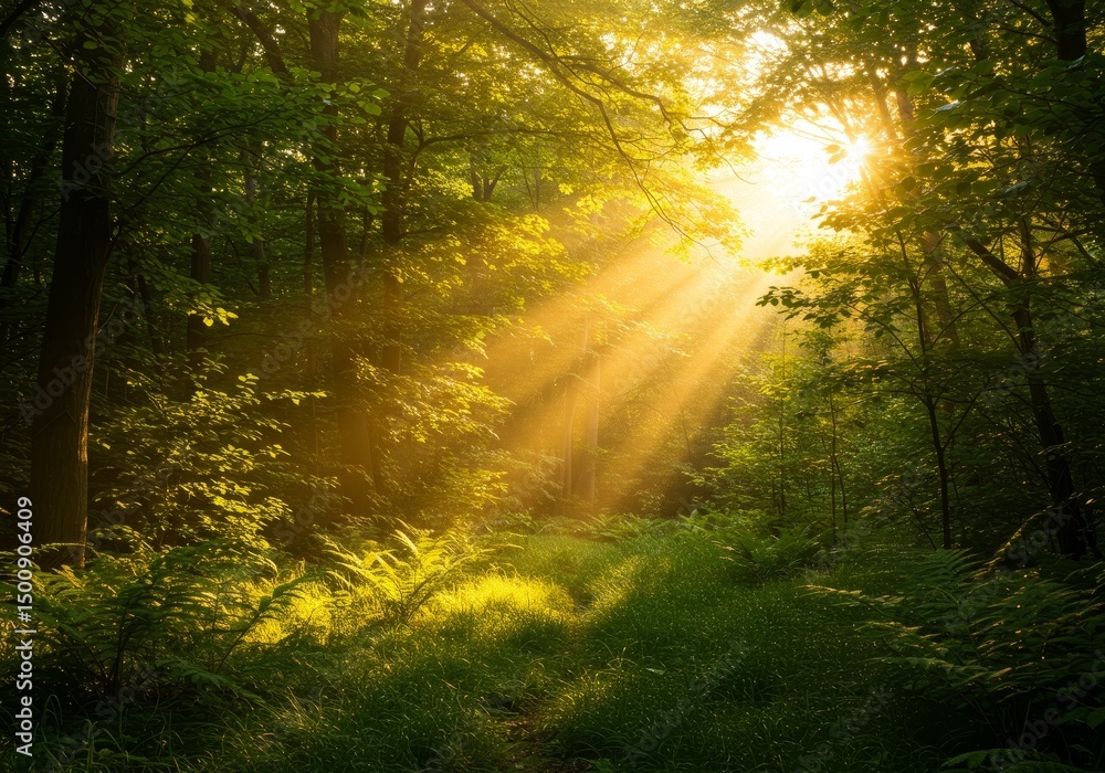 Obraz premium Photo of Sunlight Piercing Through Lush Green Forest Canopy in Golden Hour