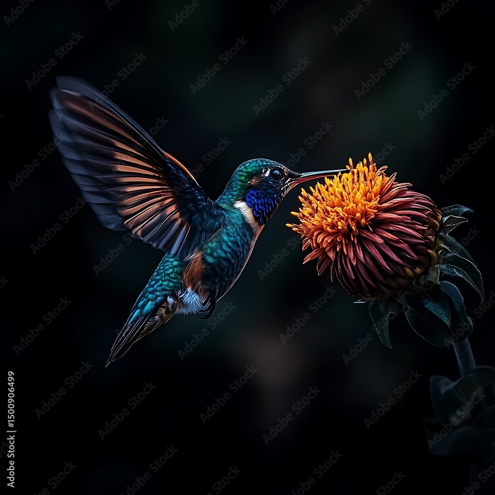 Obraz premium Iridescent, Blurred Feathers and Wings of a Vibrant Hummingbird Hovering Mid-Air to Feed on a Tropical Flower