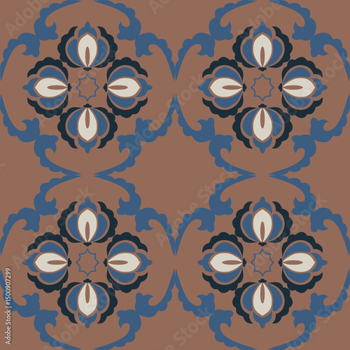 Seamless vintage damask floral tile design in blue and earthy tones, perfect for textile prints and home decor.