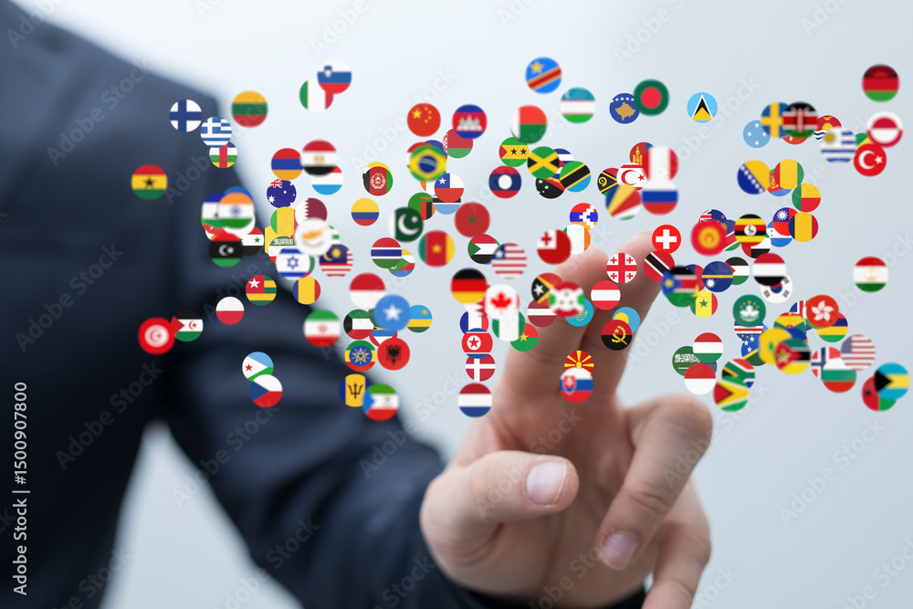 Image of a hand interacting with a digital display of world flags, representing global business and international connections. Image of a hand interacting with a digital display of world flags, representing global business and international connections.