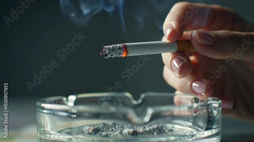 a closeup video hand holding a lit cigarette in his hand enjoying the atmosphere
