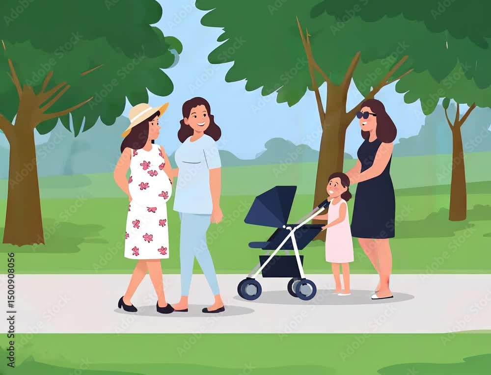 Video IA ilustrado Mujeres caminando, una embarazada junto a una enfermera, Nani, otra mama junto su hija empujando cochecito del bebé recién nacido por el parque, presente, futuro, seguro, maternidad