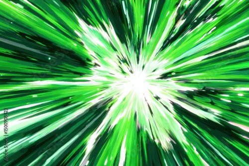 Bursting green and white light emanating outward with radiating streaks, creating a dynamic energy effect