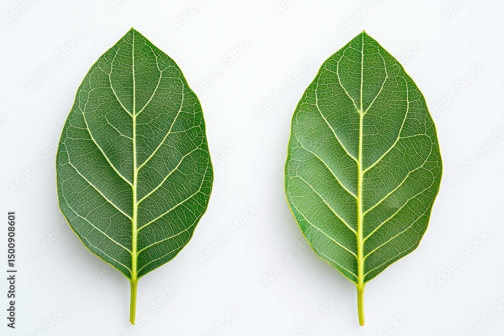 Obraz premium Two green leaves, symmetrical vein patterns, white backdrop