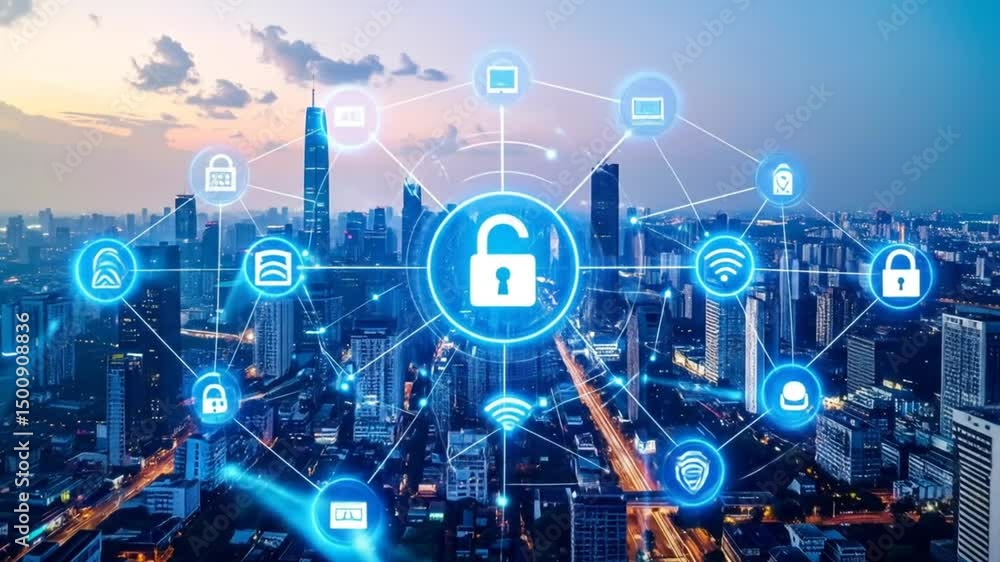 Cityscape with interconnected security icons Cityscape with interconnected security icons
