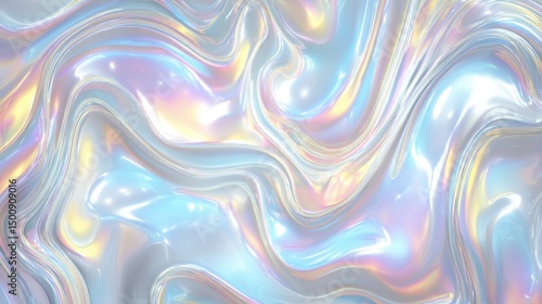 Swirling iridescent surface. Light reflects across curves and folds creating liquid metal or pearlized effect in a soft, pastel rainbow palette