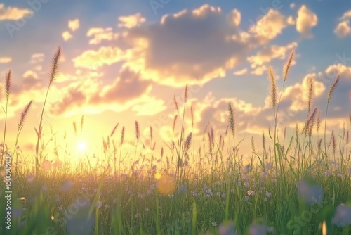 Fototapeta Naklejka Na Ścianę i Meble -  Sunset Tall Grass. Kansas Field of Grass and Sky with Blue Clouds in Nature Landscape