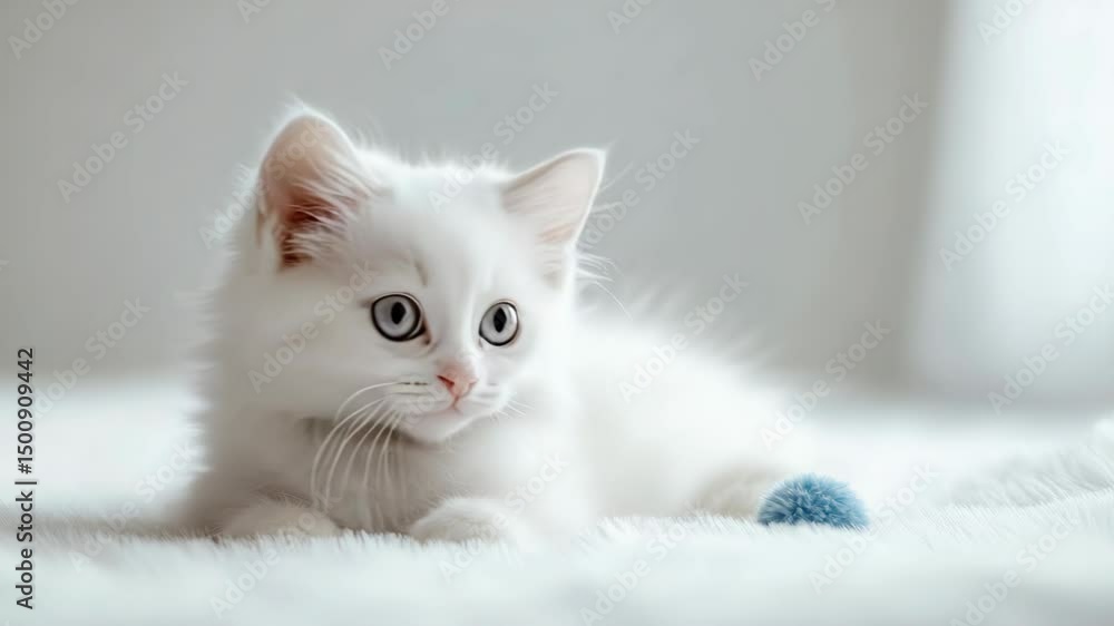 Adorable white kitten joyfully playing with a toy, energetic and curious pet, isolated on a white background, fluffy feline in action, playful moment captured in a studio setting Adorable white kitten joyfully playing with a toy, energetic and curious pet, isolated on a white background, fluffy feline in action, playful moment captured in a studio setting