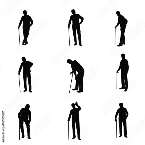 Silhouettes of elderly men standing with canes, showing different poses and gestures of daily life