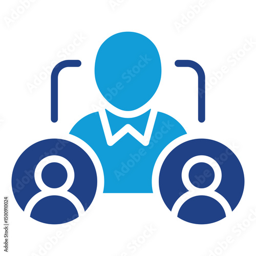Team Leadership - Glyph Dual Tone Blue Fill Icon - Central person figure with connected group, representing leadership, management, or mentorship roles