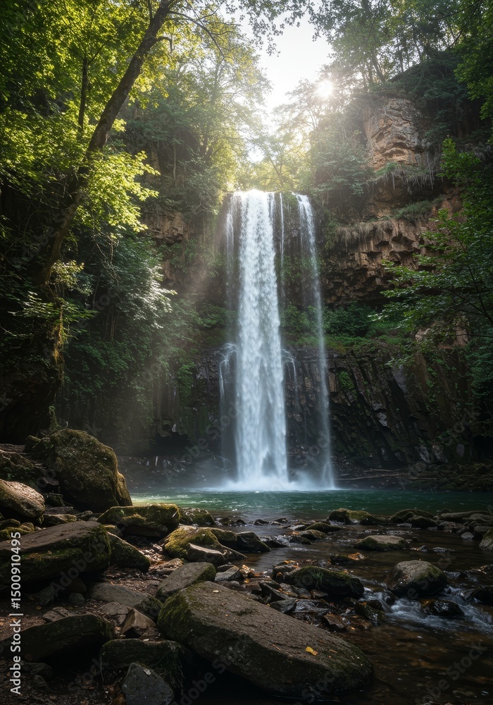 Fototapeta premium Photo of Waterfall in Lush Forest with Sunlight and Water Flow