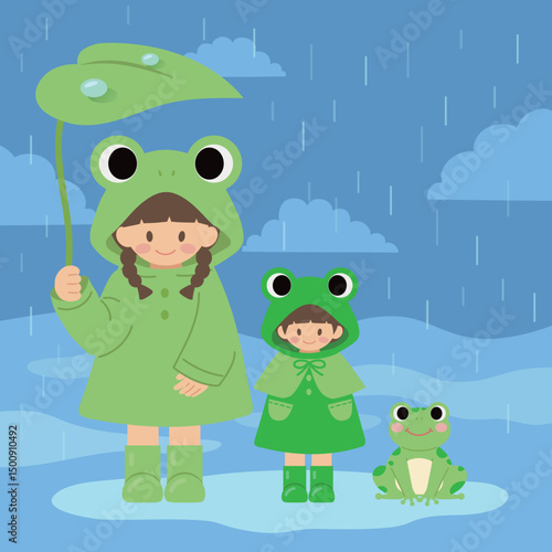 rainy season illustration with friends wearing frog raincoat and frog