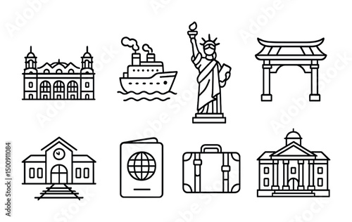 Travel icons collection featuring landmarks and transport elements
