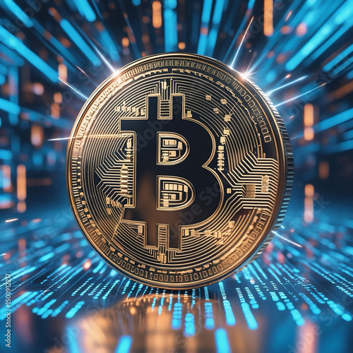 Bitcoin with Radiating Digital Light and Futuristic Circuit Design
