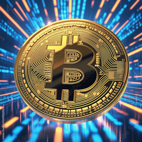 Golden Bitcoin with Dynamic Light Trails and Futuristic Digital Background