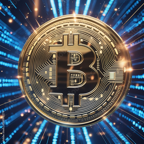Futuristic Bitcoin with Glowing Circuitry and Digital Background
