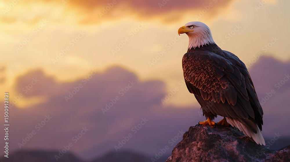 Fototapeta premium Bald eagle perched on rock sunset sky