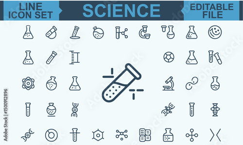 Science Line Icon Set Featuring Editable Stroke Vector Symbols for Physics, Chemistry, Biology, Laboratory Research, and Educational Concepts