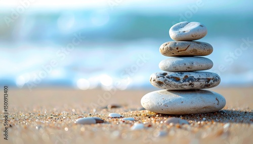 Stack of five smooth rocks on beach sand with ocean waves softly blurred in the background