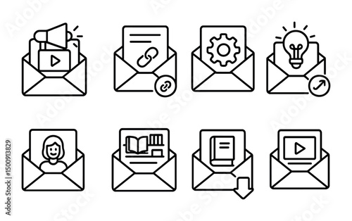 Email marketing icons with multimedia content and creative solutions