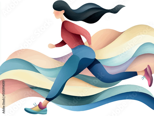Female athlete sprinting, dynamic colorful waves illustrating intense motion and athletic energy