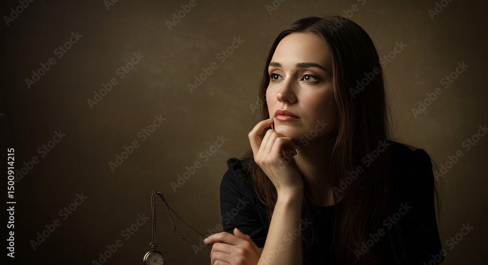 Obraz premium Photo Portrait Of A Thoughtful Woman Holding A Watch In A Dark Background