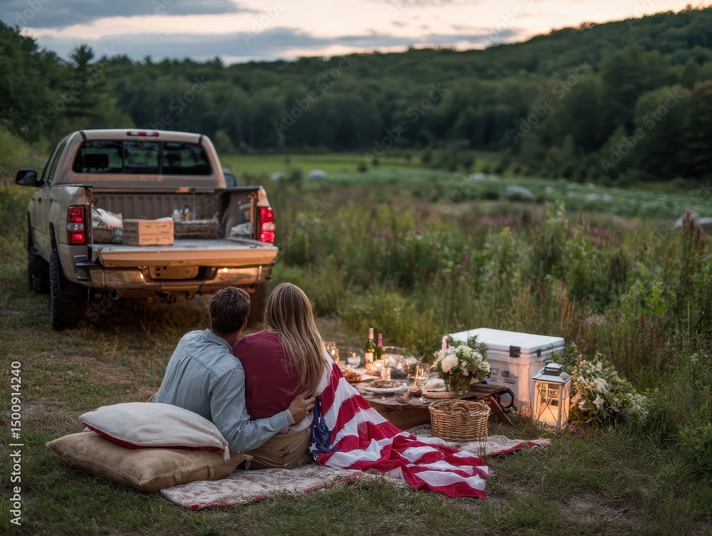 Fototapeta premium Happy young couple sitting on blanket with American flag at sunset