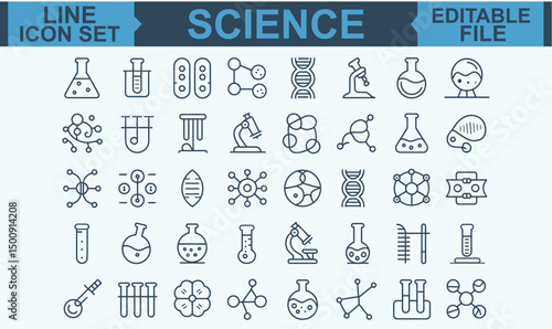 Science Line Icon Set Featuring Editable Stroke Vector Symbols for Physics, Chemistry, Biology, Laboratory Research, and Educational Concepts