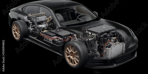 Black Electric Car Technical Cross Section