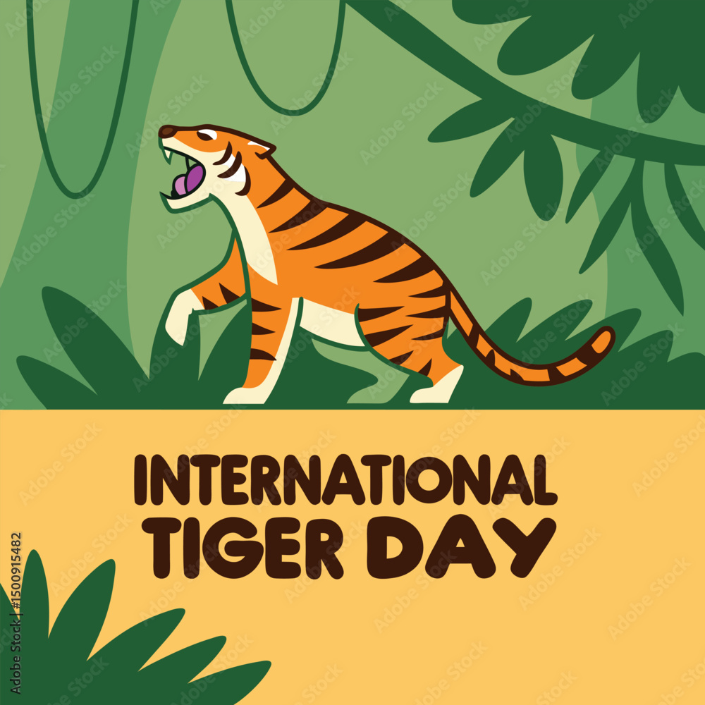 Naklejka premium International Tiger Day Vector Illustration: A vibrant vector illustration commemorating International Tiger Day, depicting a majestic tiger against a backdrop of lush green foliage.