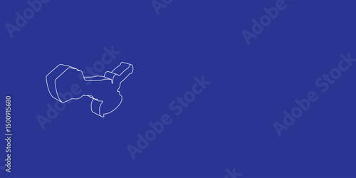 The outline of a large cordless angle grinder symbol made of white lines on the left. 3D view of the object in perspective. Vector illustration on indigo background