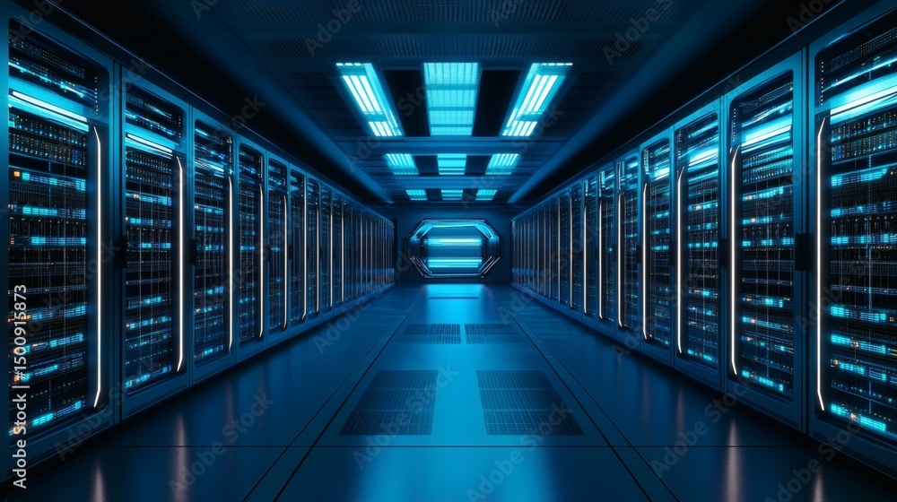 Fototapeta premium Modern Data Center Interior with Blue Lighting